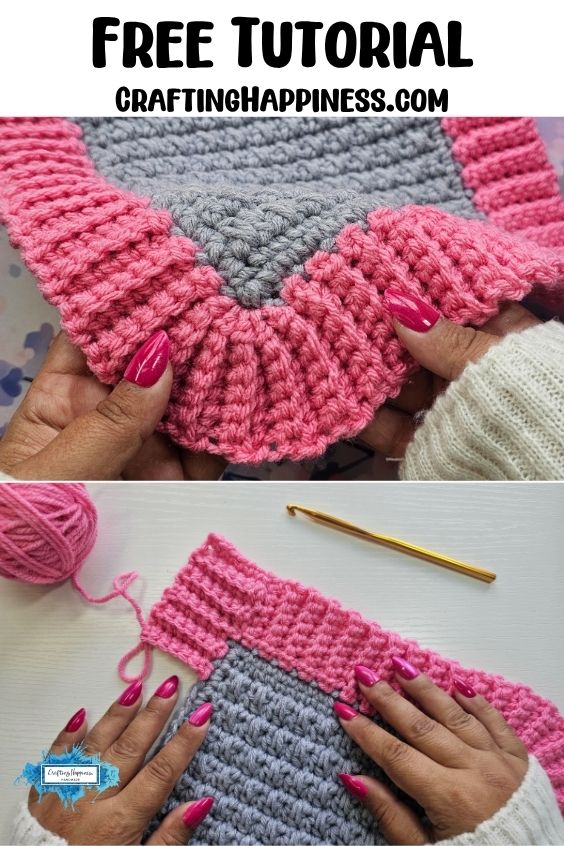 Close-up of a pair of hands with pink nails holding a grey crocheted square with a thick, textured pink ribbed border. Text at the bottom reads "TUTORIAL & VIDEO | CRAFTINGHAPPINESS.COM". Original design by Ariana of CraftingHappiness.