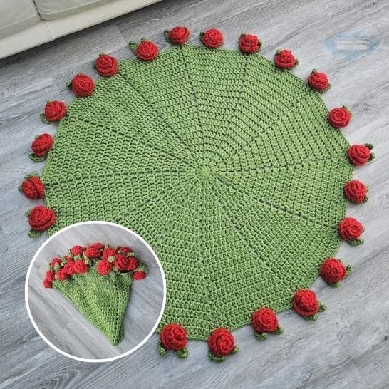 A large, circular green crochet blanket laid flat on a gray wood-look floor. The blanket is worked in concentric rounds radiating from the center, and the entire outer edge is decorated with 3D red crochet roses with tiny green leaves. A circular inset shows the blanket creatively folded up into a cone shape to mimic a real bouquet of red roses. This is a blanket pattern made by Ariana Wimsett of Crafting Happiness, a well known crocheter and author.
