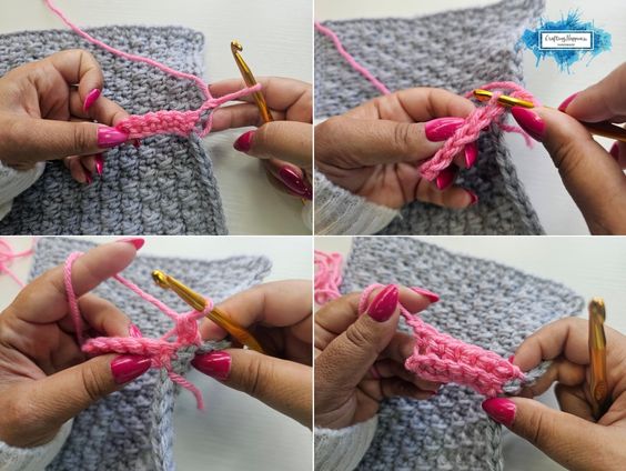 A four-panel grid showing the step-by-step hand movements for crocheting Row 2 of the border, demonstrating how to turn the work and single crochet into the back loops of the previous row. Original design by Ariana of CraftingHappiness.