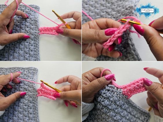 A four-panel grid illustrating the sequence for Row 3 of the pink ribbed border, showing the placement of the hook and yarn as the ribbing texture begins to develop along the grey edge. A small blue Crafting Happiness logo is in the top right panel. Original design by Ariana of CraftingHappiness.