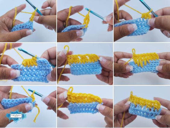 A grid of nine step-by-step tutorial photos showing a person's hands demonstrating various beginner crochet techniques with blue and yellow yarn. The processes shown include making a slip knot, a magic ring, a chain, and different basic stitches. Overlayed across the top center is large bold text that reads "CROCHET STITCHES FOR ABSOLUTE BEGINNERS".