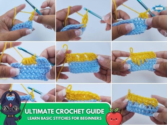 A grid of nine step-by-step tutorial photos showing a person's hands demonstrating various beginner crochet techniques with blue and yellow yarn. The processes shown include making a slip knot, a magic ring, a chain, and different basic stitches. Overlayed across the top center is large bold text that reads "CROCHET STITCHES FOR ABSOLUTE BEGINNERS".