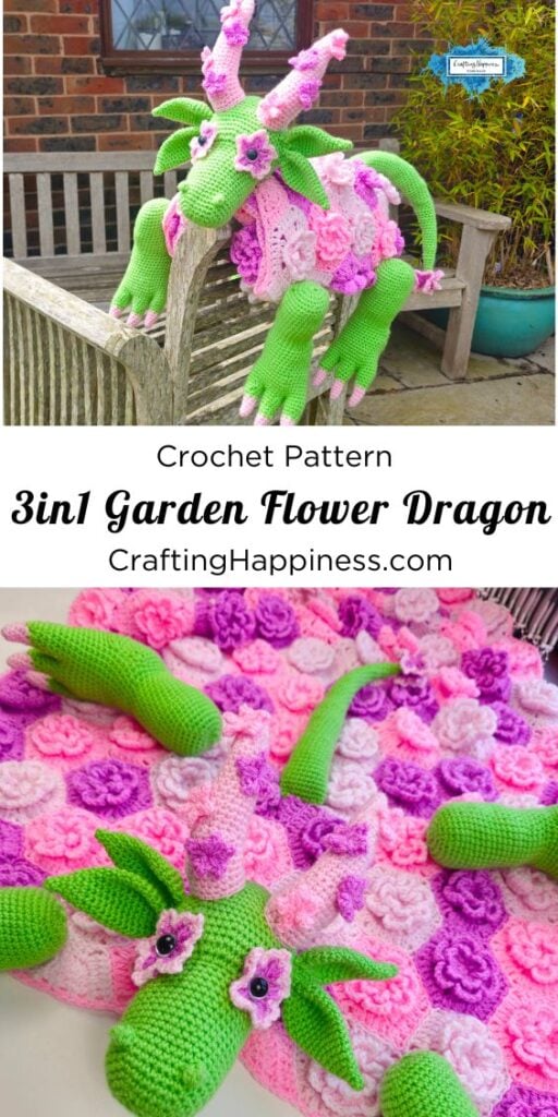 Green flower dragon crochet blanket draped over a wooden bench, with close-up detail of the pink floral blanket and detachable dragon parts arranged around the blanket. Original design by Ariana of CraftingHappiness.