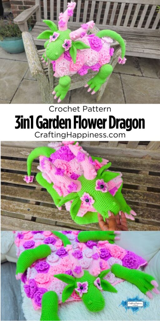 Collage showing the 3-in-1 flower dragon crochet blanket in plush dragon form, folded into a compact shape, and opened as a flower-covered baby blanket with removable limbs. Original design by Ariana of CraftingHappiness.