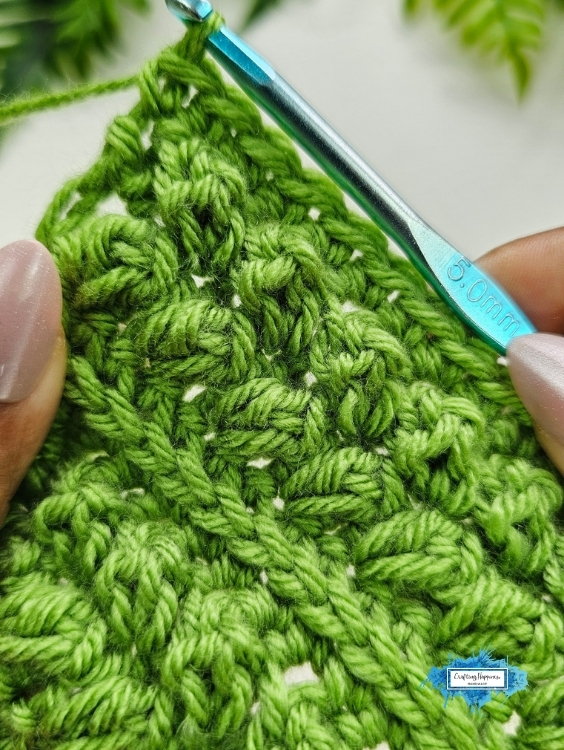 A close-up view shows green yarn being worked into the textured Braided Leaves Stitch with a blue 5 mm crochet hook held between two hands. The Braided Leaves Stitch was designed by Ariana Wimsett, a known crocheter and author, and the crochet work shown here was made by her.