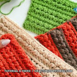 Several textured crochet swatches in green, beige, orange, and brown show raised rows of the Braided Leaves Stitch, with one orange swatch held in a hand. The Braided Leaves Stitch was created by Ariana Wimsett, a known crocheter and author, and the crochet work shown here was also made by her.