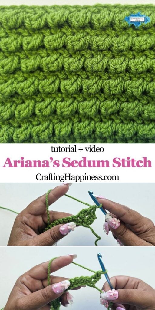 Green Sedum Stitch crochet swatch with raised leafy texture and tutorial steps. By Ariana Wimsett of Crafting Happiness, a known crocheter and author.