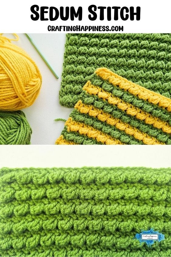Green and yellow Sedum Stitch crochet swatches showing the raised textured pattern. By Ariana Wimsett of Crafting Happiness, a known crocheter and author.