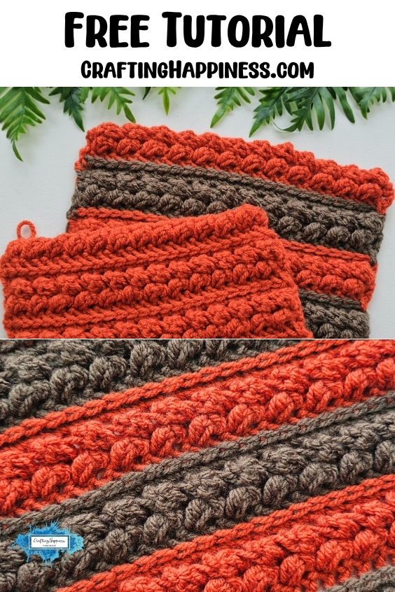 Orange and brown crochet swatches show thick raised rows of the Braided Leaves Stitch, including a close-up view of the textured leaf design in alternating colors. The Braided Leaves Stitch was created by Ariana Wimsett, a known crocheter and author, and the crochet work shown here was also made by her.