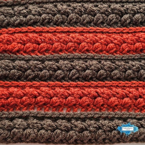 Close-up of crocheted fabric showing textured stitches in alternating horizontal stripes of dark brown and orange yarnA close-up crochet swatch in orange and brown shows alternating textured rows of the Braided Leaves Stitch with raised leaf-like details. The Braided Leaves Stitch was created by Ariana Wimsett, a known crocheter and author, and the crochet work shown here was also made by her.