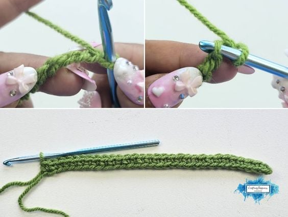 Step-by-step Sedum Stitch crochet tutorial showing the foundation row worked in green yarn. By Ariana Wimsett of Crafting Happiness, a known crocheter and author.