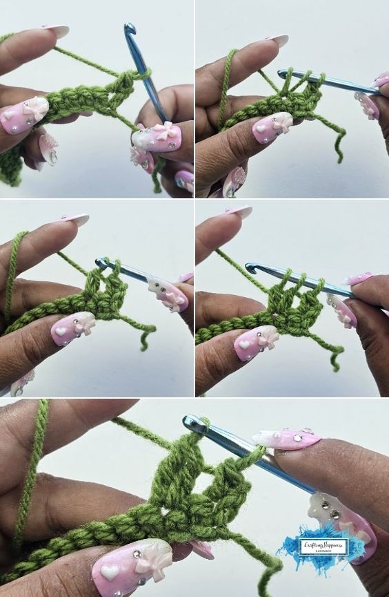 Step-by-step Sedum Stitch crochet tutorial showing the raised textured stitches worked with green yarn. By Ariana Wimsett of Crafting Happiness, a known crocheter and author.