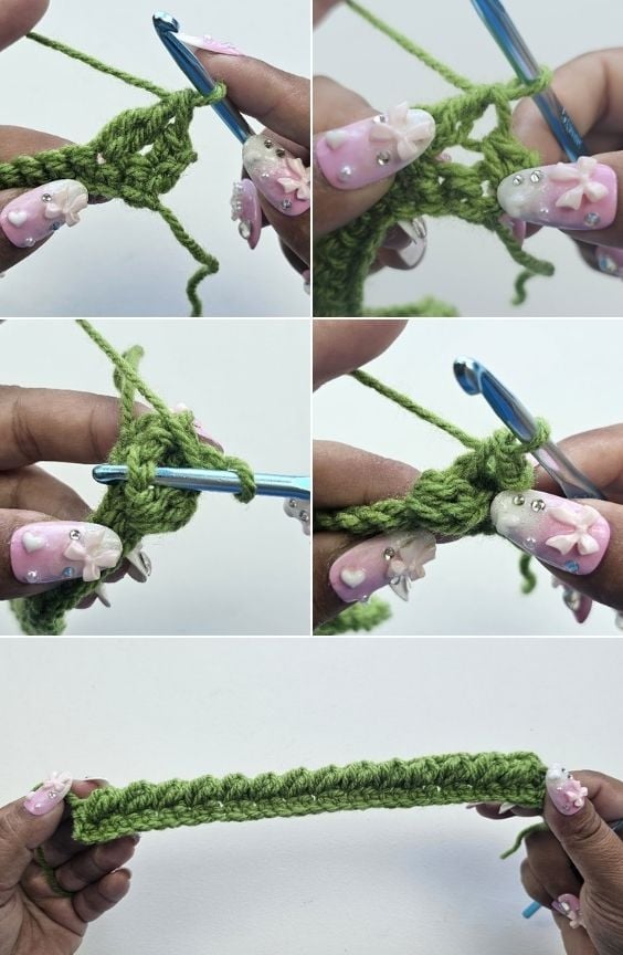 Close-up Sedum Stitch crochet tutorial showing how the textured row is completed with green yarn. By Ariana Wimsett of Crafting Happiness, a known crocheter and author.
