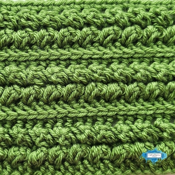 A close-up green crochet swatch shows repeating raised rows of the Braided Leaves Stitch separated by neat horizontal ridges. The Braided Leaves Stitch was created by Ariana Wimsett, a known crocheter and author, and the crochet work shown here was also made by her.