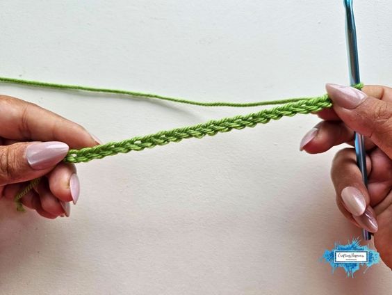 Two hands hold a green foundation chain for Row 1 of the Braided Leaves Stitch, with a blue crochet hook held in the right hand. The Braided Leaves Stitch was created by Ariana Wimsett, a known crocheter and author, and the crochet work shown here was also made by her.
