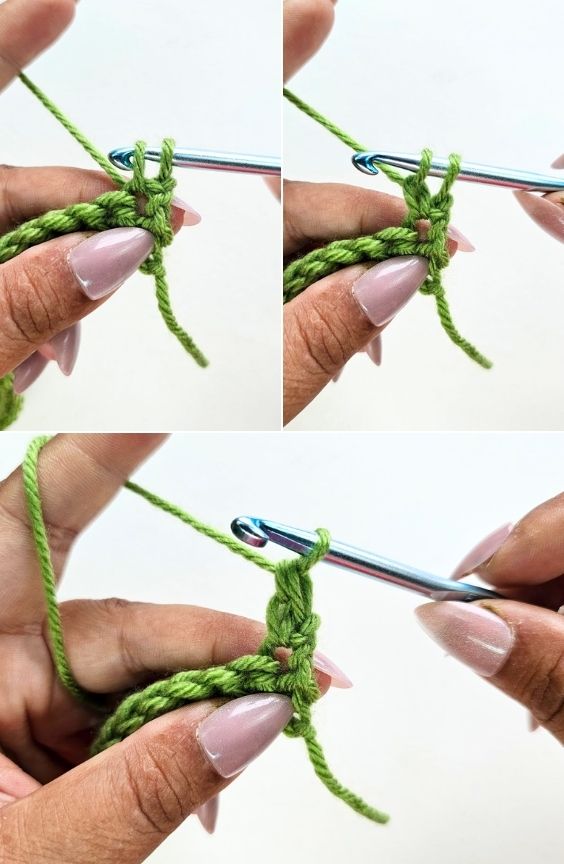 Three close-up tutorial views show hands working the Esc crochet technique with green yarn and a blue crochet hook as part of the Braided Leaves Stitch. The Braided Leaves Stitch was created by Ariana Wimsett, a known crocheter and author, and the crochet work shown here was also made by her.
