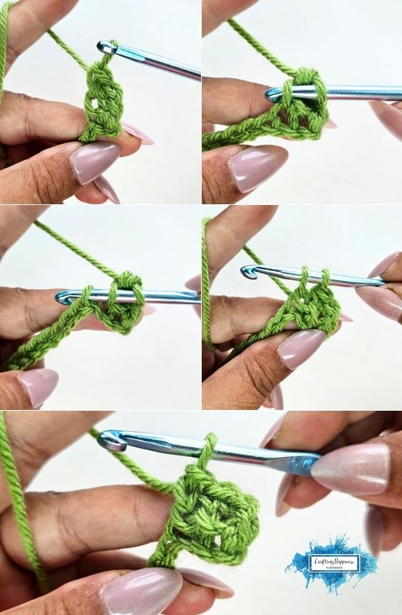 Five close-up tutorial views show hands working the MLdc crochet technique with green yarn and a blue crochet hook for the Braided Leaves Stitch. The Braided Leaves Stitch was created by Ariana Wimsett, a known crocheter and author, and the crochet work shown here was also made by her.