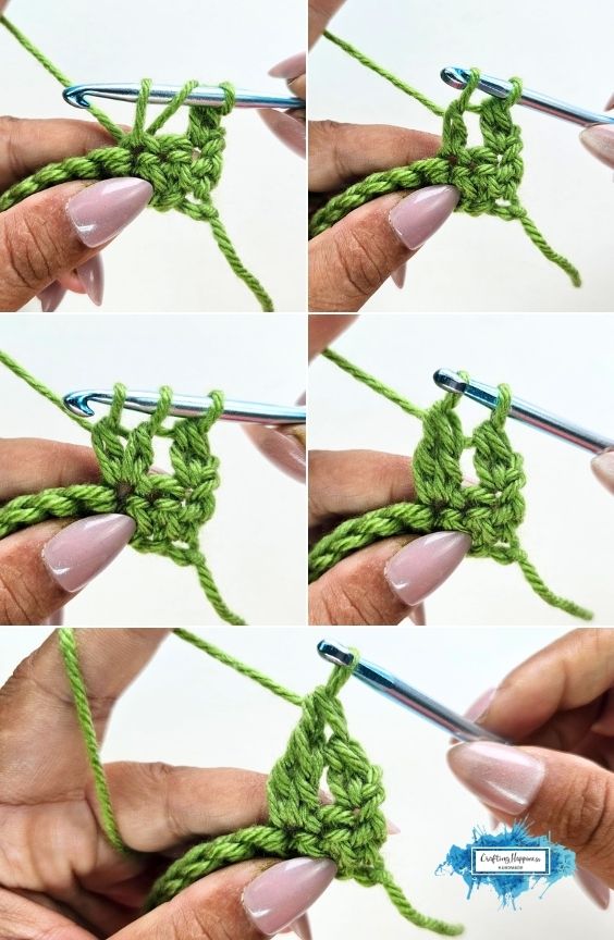 Five close-up tutorial views show hands working the Mdc2tog crochet technique with green yarn and a blue crochet hook for the Braided Leaves Stitch. The Braided Leaves Stitch was created by Ariana Wimsett, a known crocheter and author, and the crochet work shown here was also made by her.