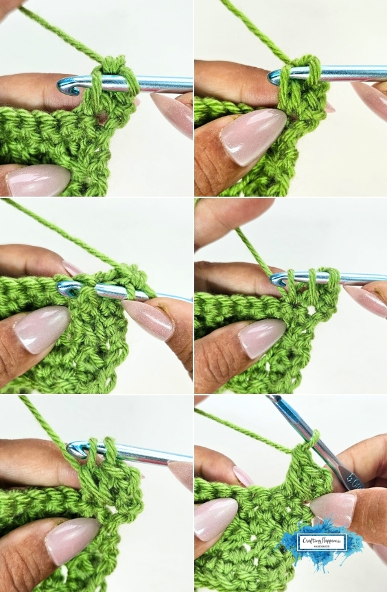 Six close-up tutorial steps show hands working the Modified Linked Double Crochet in the Front Post of Stitches (FP Mldc) with green yarn and a blue crochet hook as part of the Braided Leaves Stitch. The Braided Leaves Stitch was designed by Ariana Wimsett, a known crocheter and author, and the crochet work shown here was also made by her.