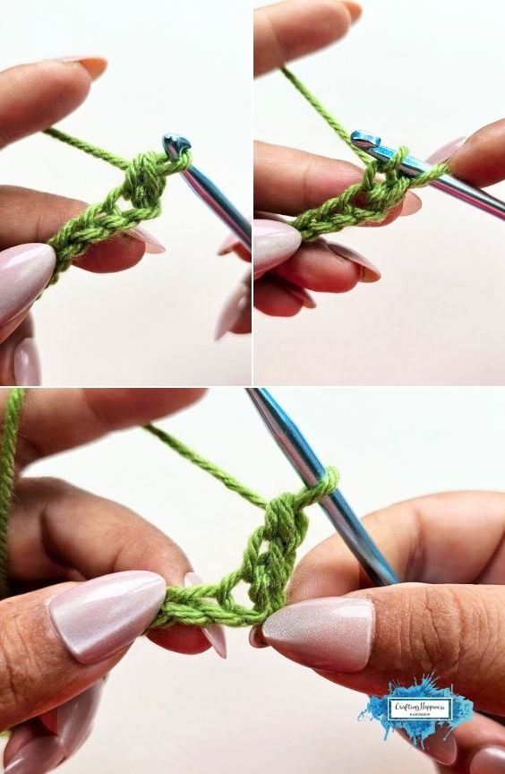 Three close-up tutorial views show hands working the STsc crochet technique into a green foundation chain with a blue crochet hook for the Braided Leaves Stitch. The Braided Leaves Stitch was created by Ariana Wimsett, a known crocheter and author, and the crochet work shown here was also made by her.
